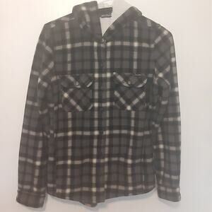 Eddie Bauer Mens Size XS Gray Plaid Fleece Sherpa Lined Snap Hoodie Shirt Jacket